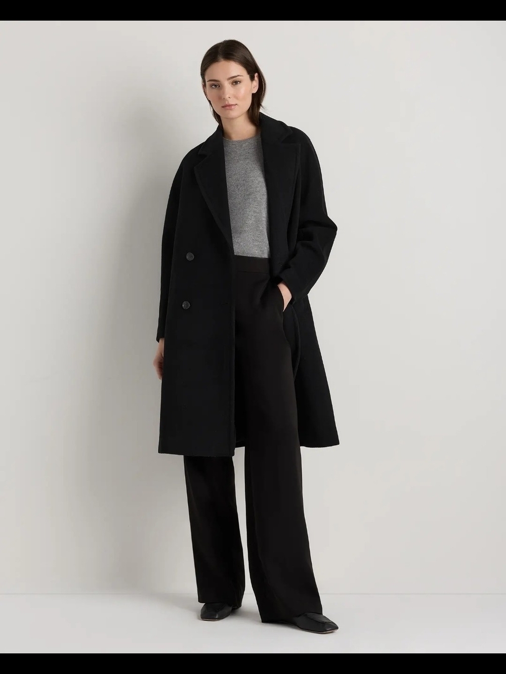 Quince Wool Cashmere Double-Breasted Slouch Coat In Black, Sz S, NWT
